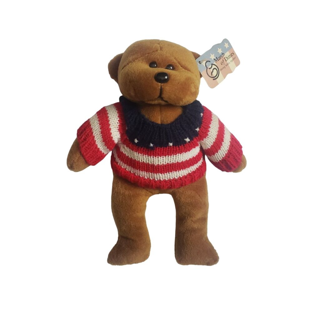 Vintage March of Dimes Justice American Flag Sweater Teddy Bear Plush with Tags